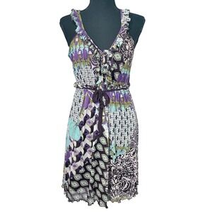 Y2K Patchwork Dress Womens 2 Ruffle Boho Indie Sleaze Festival Retro Tie Waist